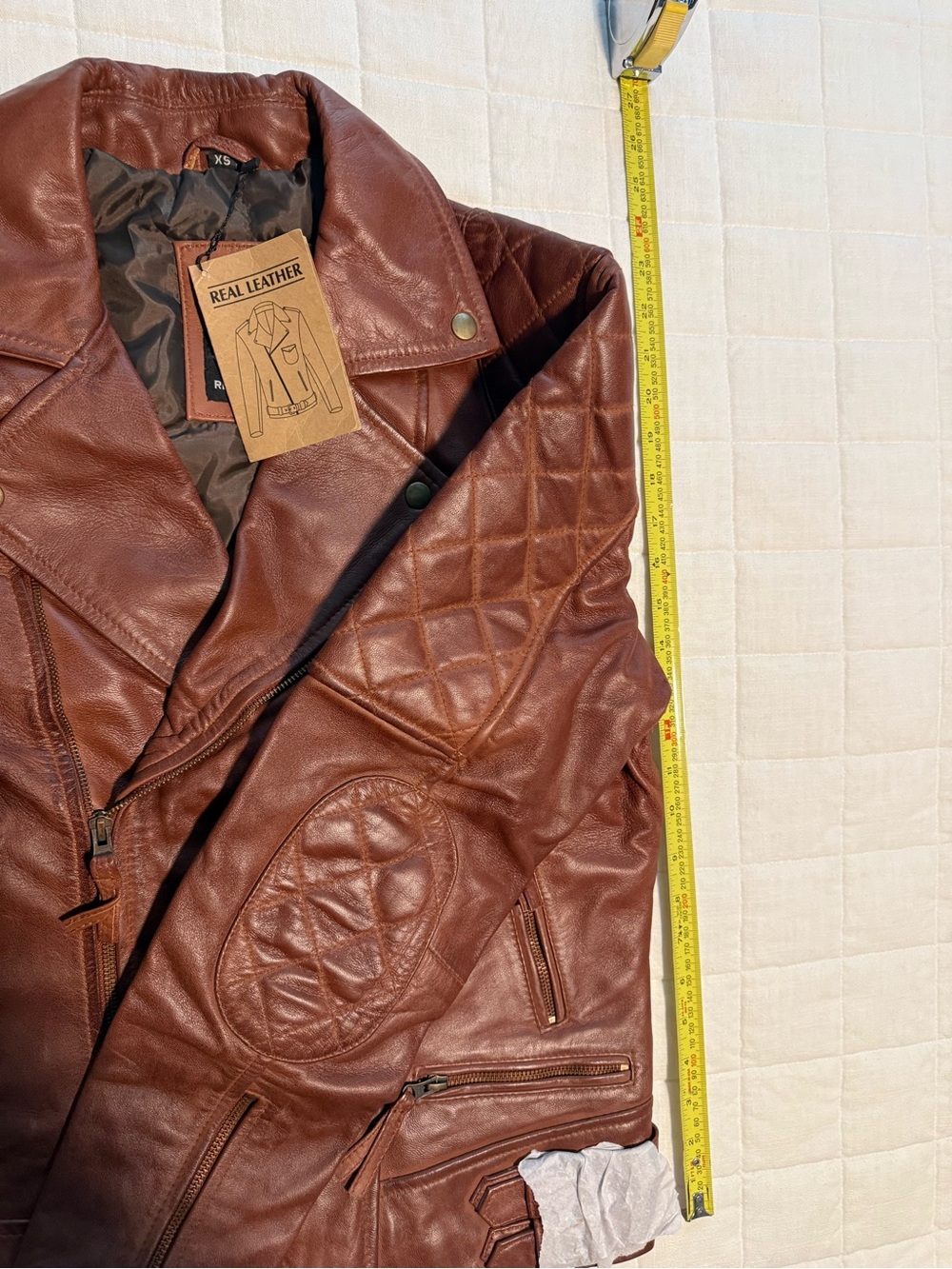 Men's Quilted Asymmetrical Cognac Leather Biker Fashion Jacket, XS - Picture 9 of 10